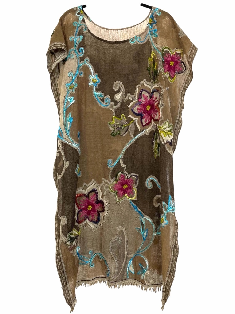 Embroidered Floral Tunic in Taupe with Pink & Turquoise Accents